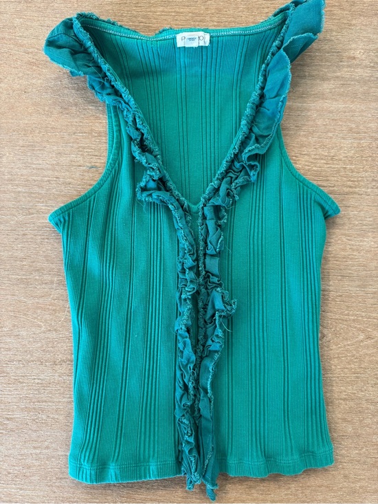 Pilcro Tops - Green Ruffled Ribbed Sleeveless Top